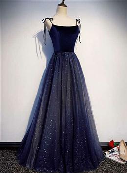 Picture of Pretty Navy Blue Tulle Straps Long Velvet Party Dresses, Blue Prom Dresses